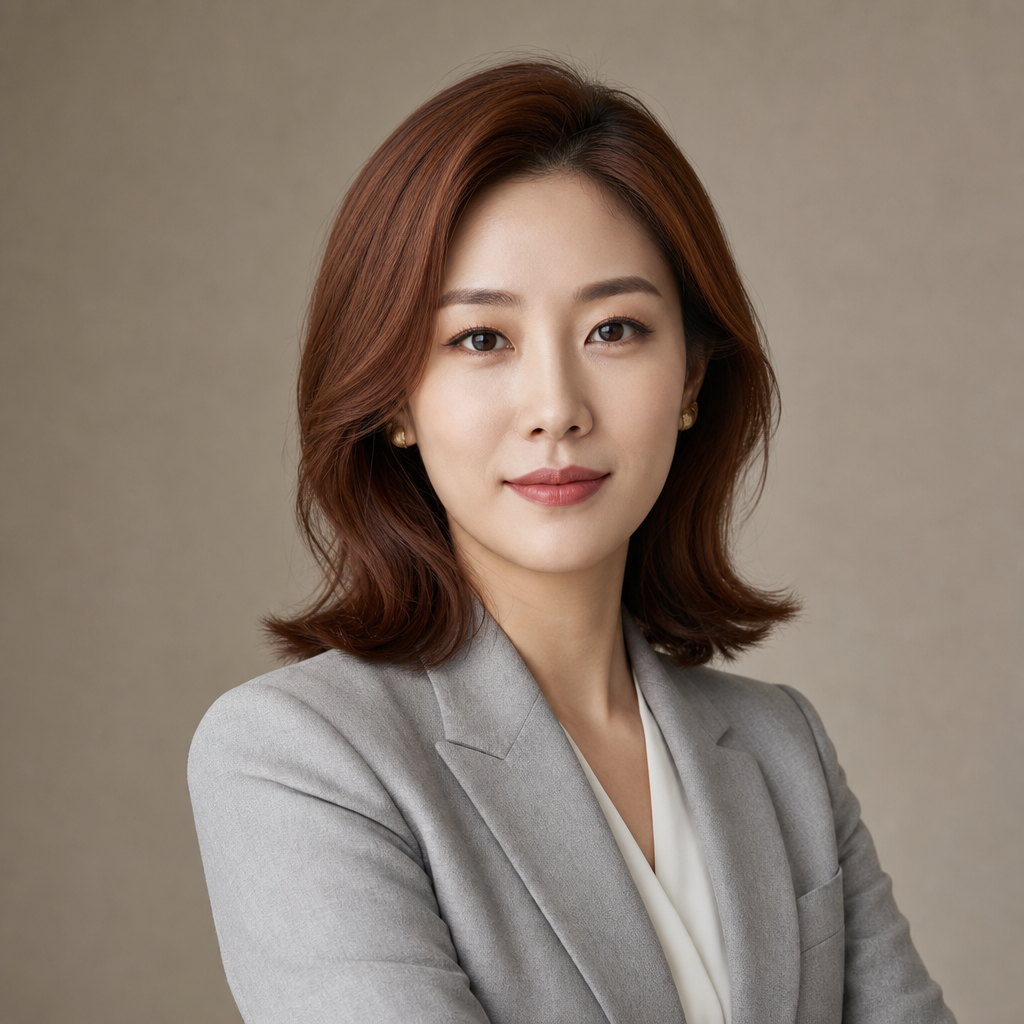Professional portrait of Sophia Park, a leader with shoulder-length auburn hair and a light gray blazer