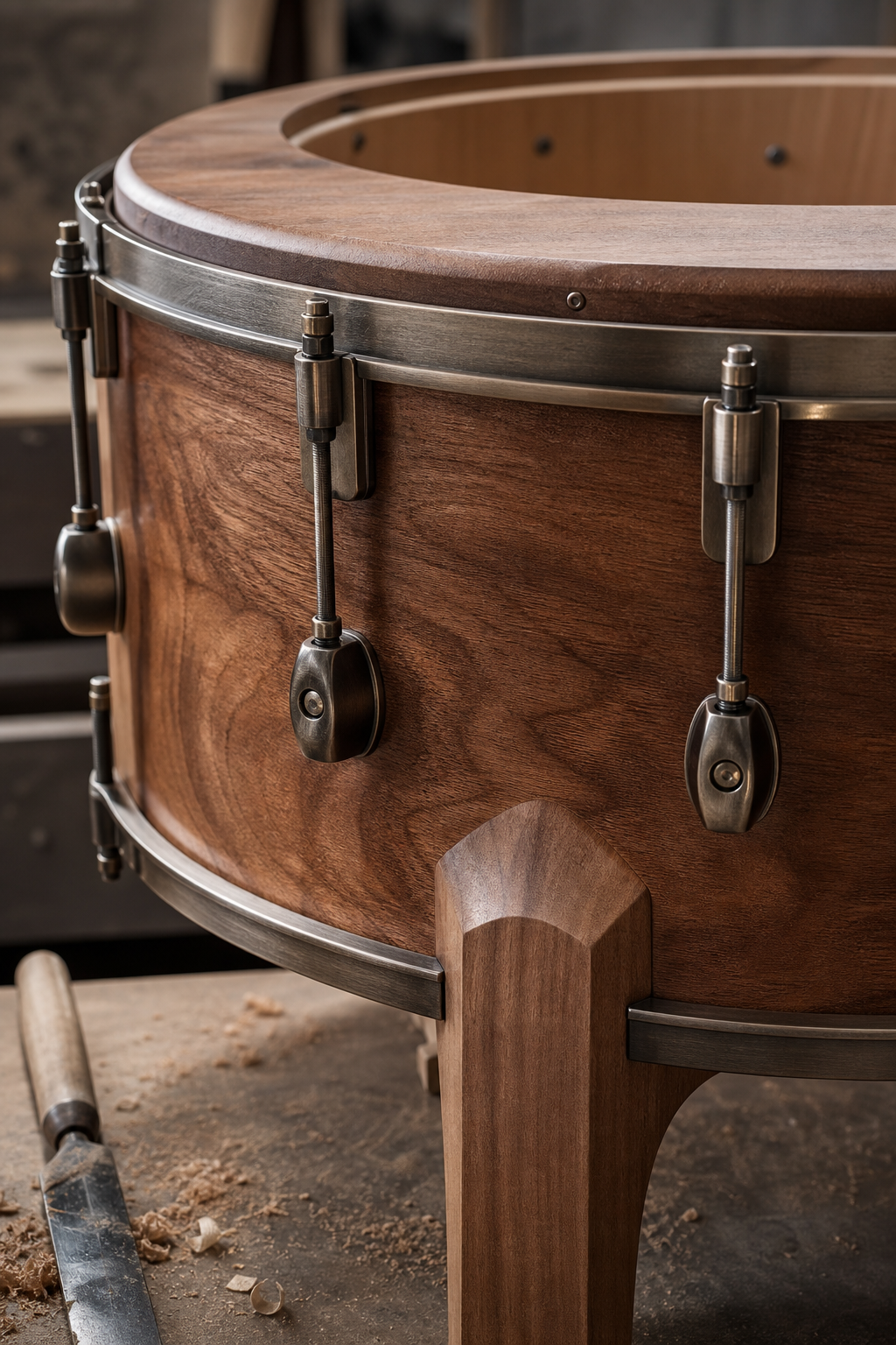 Close-up of a transformed drum surface with visible grain, polished hardware, and hand-finished craftsmanship