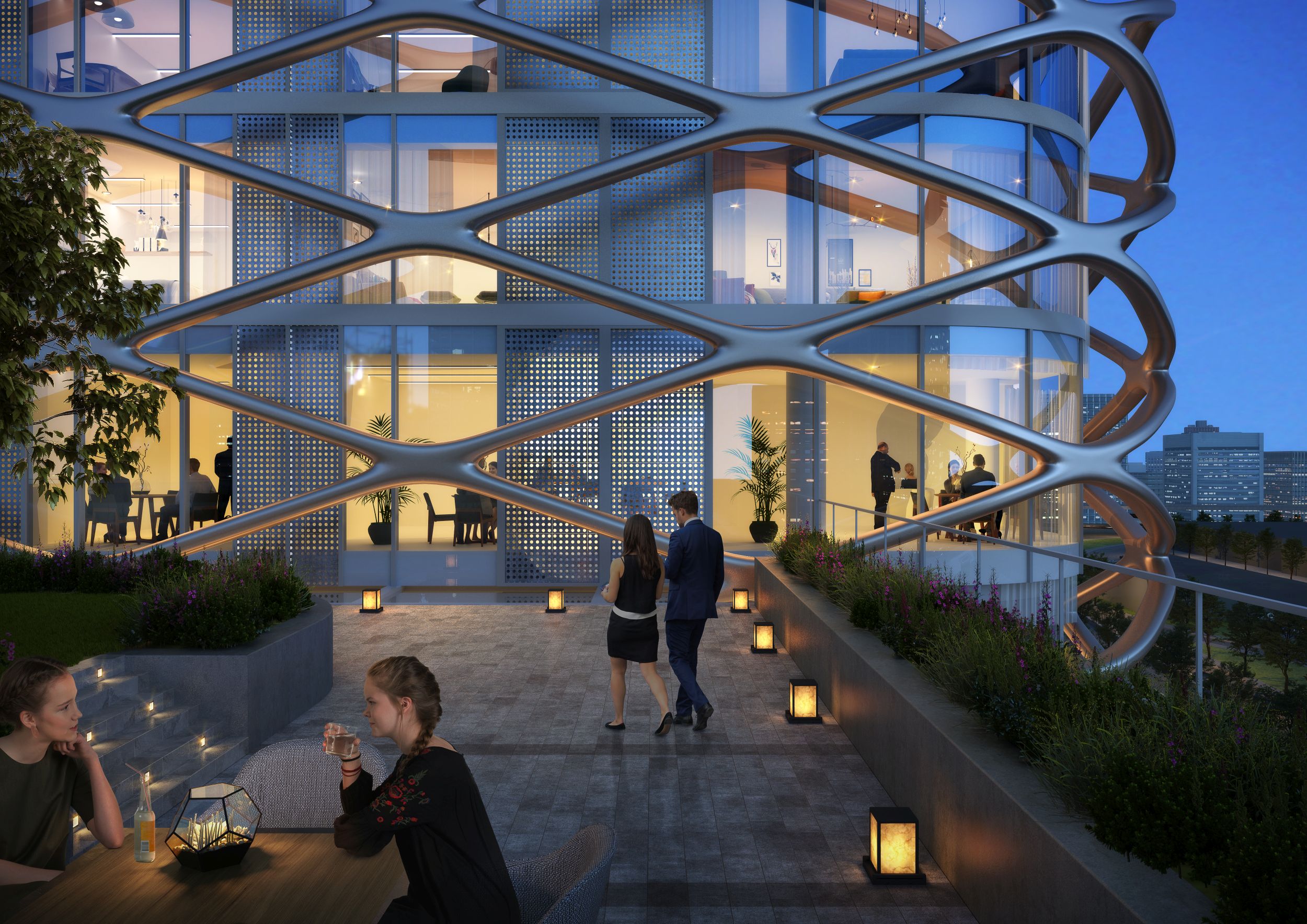 Modern construction site with steel structure and cranes, sunny day, professional and trustworthy mood, strong blue and neutral tones, sharp and clean photography, high clarity