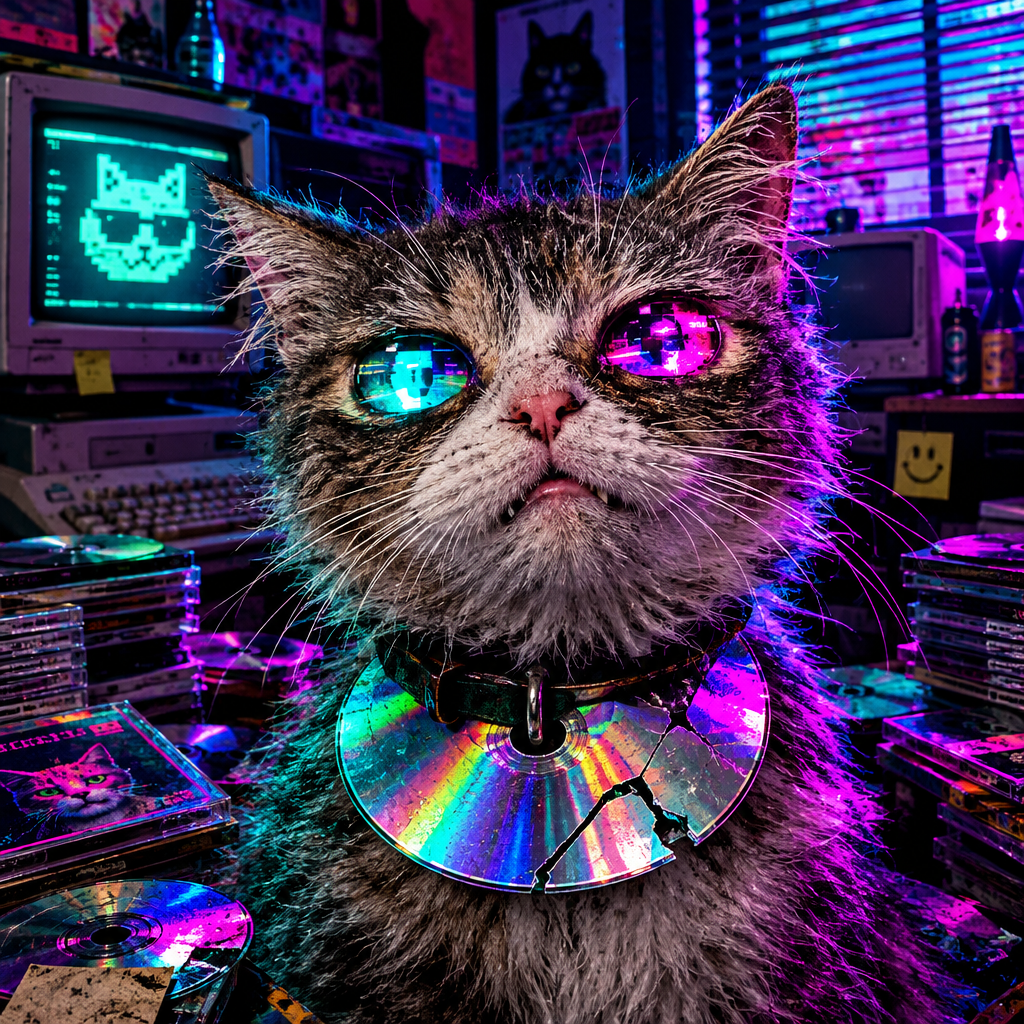 Scruffy meme cat with a cracked compact disk collar and glitchy neon eyes