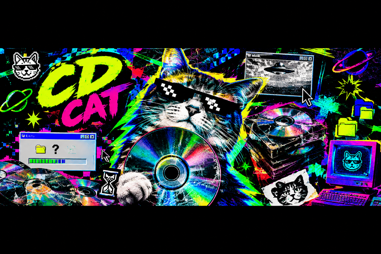 Wide retro meme campaign banner featuring CD cat chaos collage with bold neon shapes and open space for future drop artwork