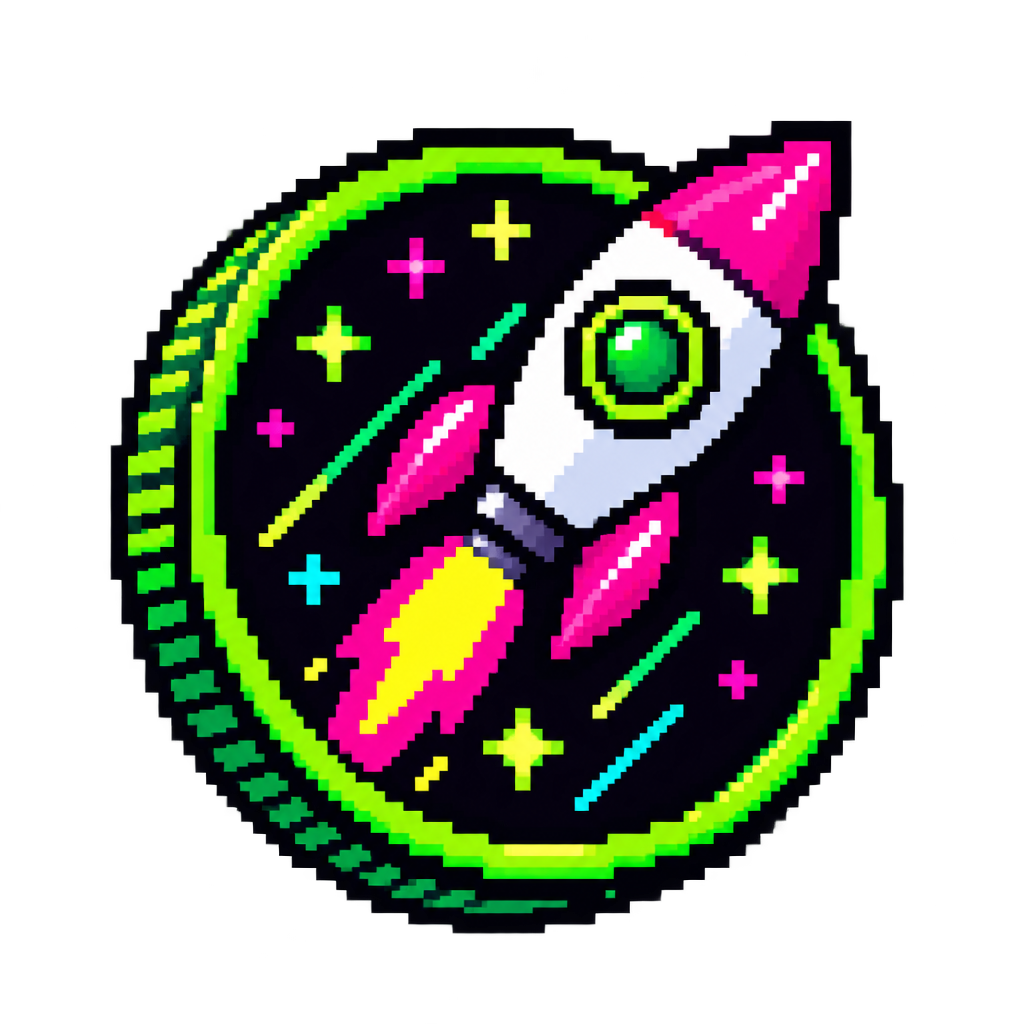 Small pixel-style rocket coin badge for Pump.fun