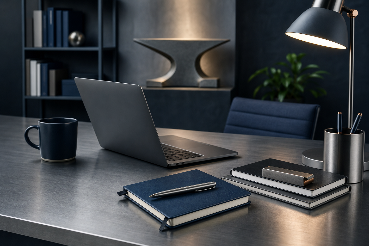 Modern technology advisory workspace with steel textures, a desk with laptop and notebooks, and subtle industrial lighting