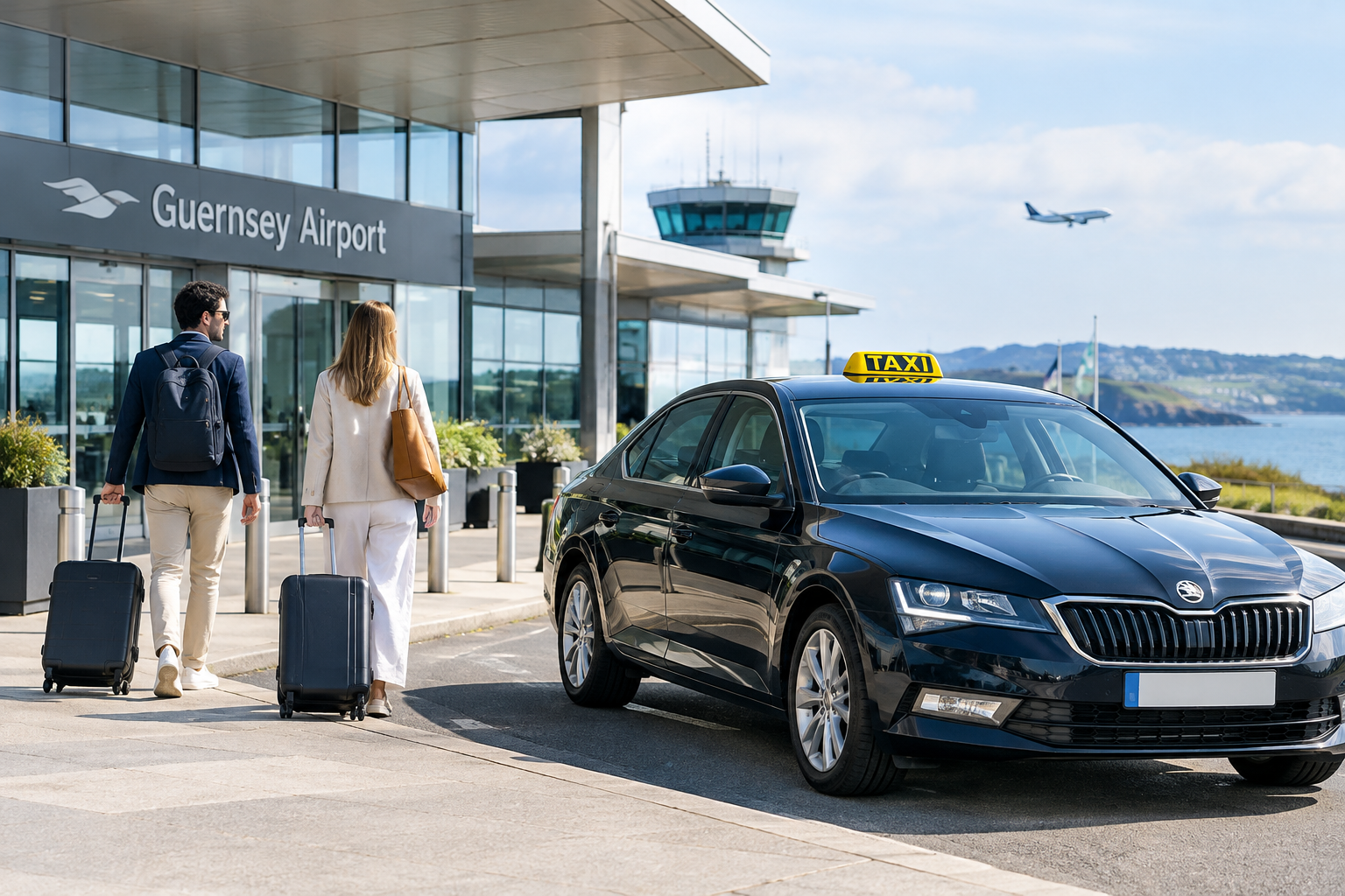 Professional licensed taxi outside Guernsey Airport with travelers and suitcases in natural coastal daylight