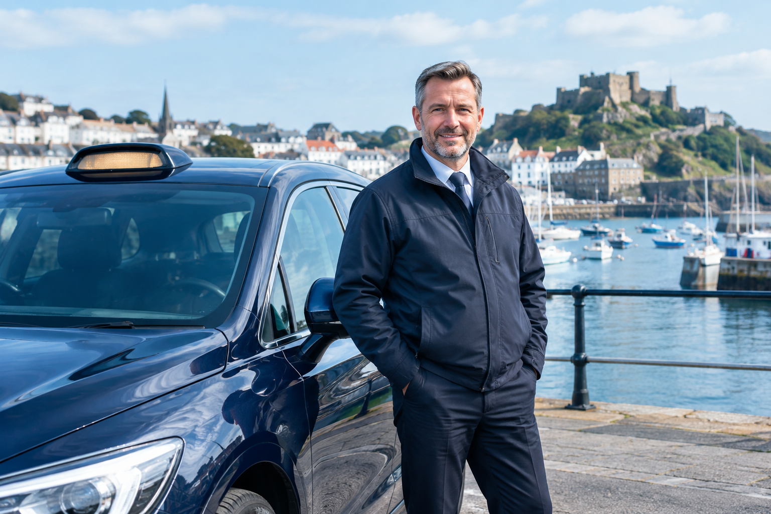 Professional Guernsey taxi driver beside a clean modern taxi at the harbourfront