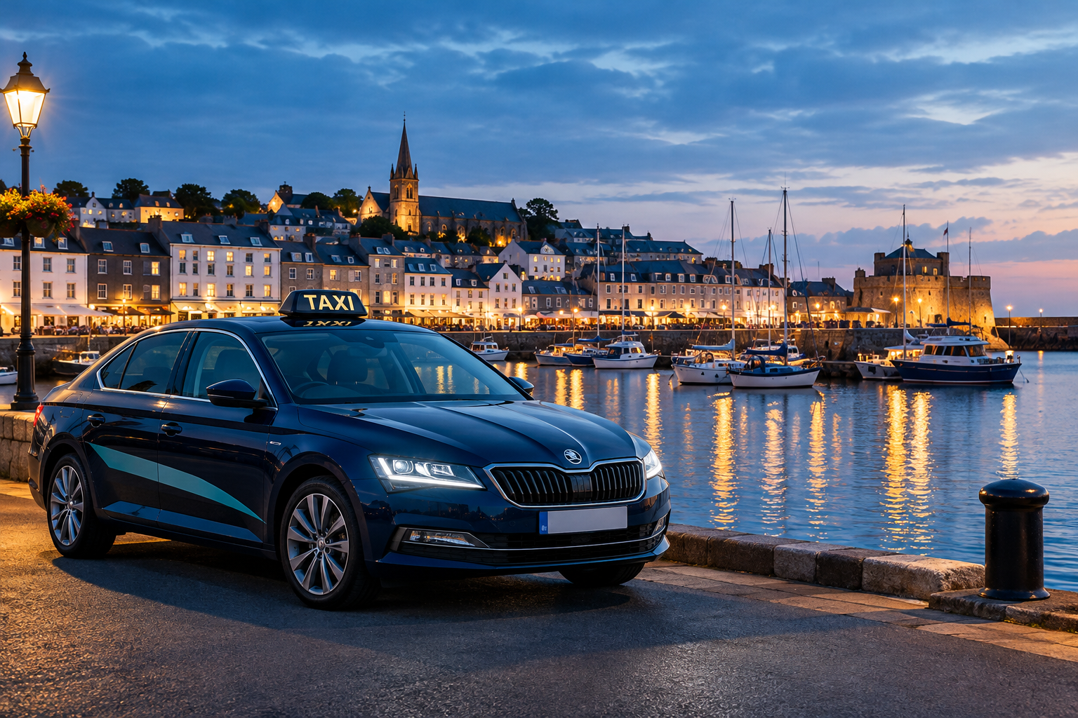 Evening view of Guernsey harbor with a modern taxi near the waterfront, calm sea reflections, and a premium coastal atmosphere