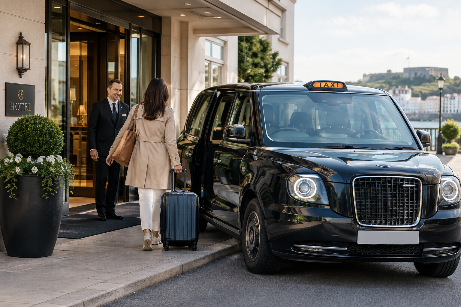 Modern taxi collecting guests outside a boutique Guernsey hotel entrance with luggage
