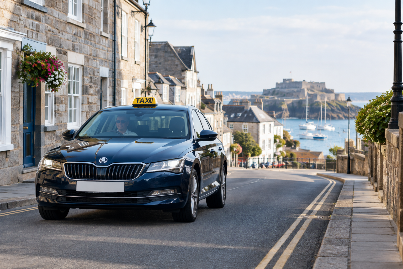 Reliable local taxi driving through a clean Guernsey town street in soft morning light