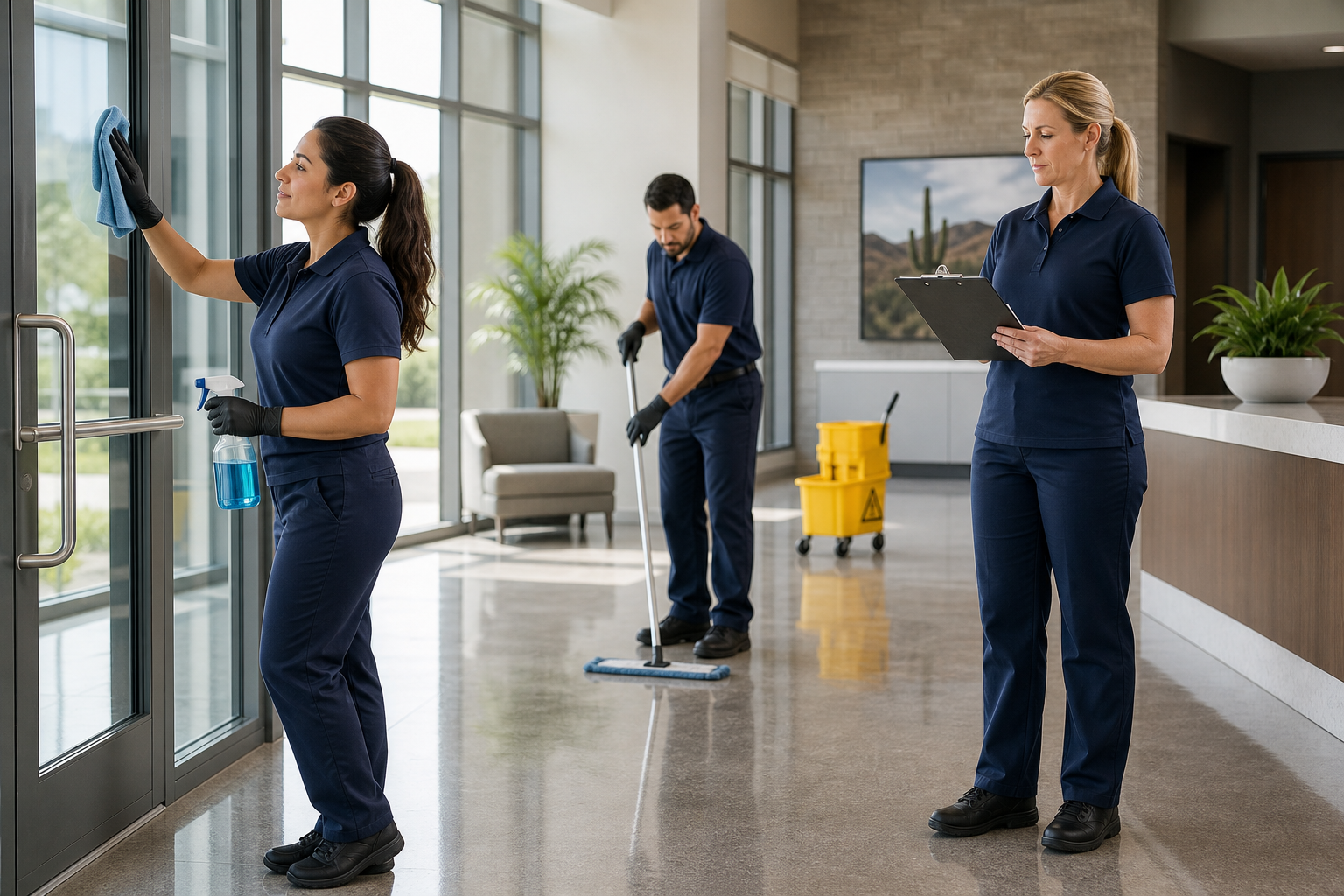 Professional commercial cleaning team in navy uniforms sanitizing an Arizona office lobby