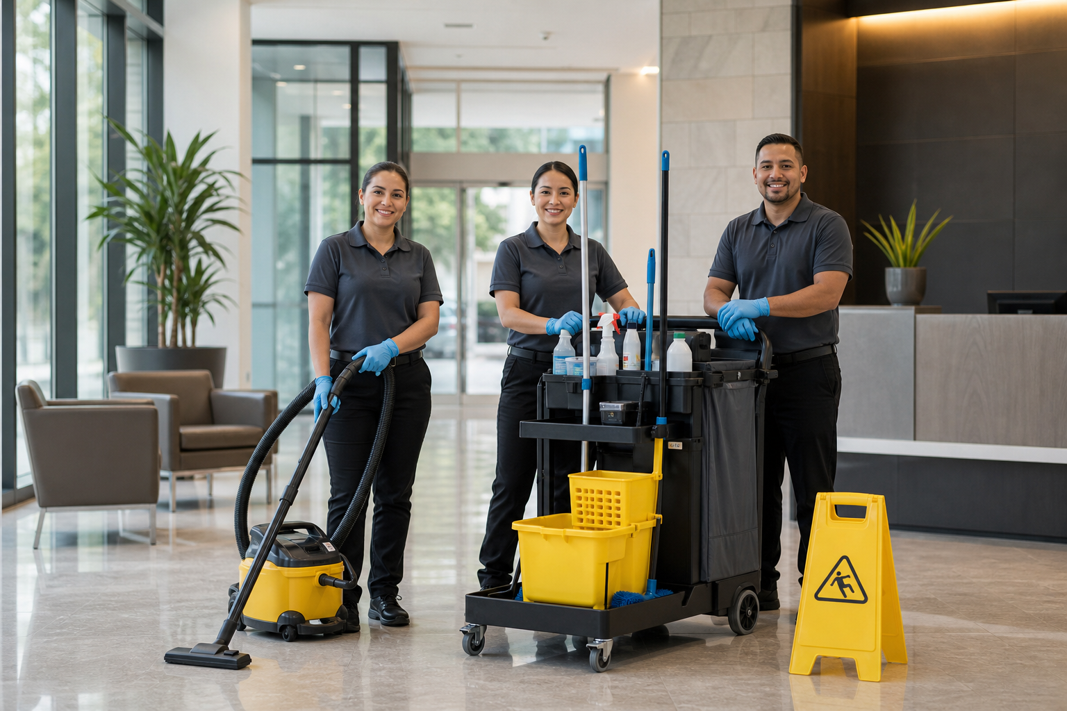 Professional commercial cleaning team in a modern office lobby with cleaning carts and safety equipment