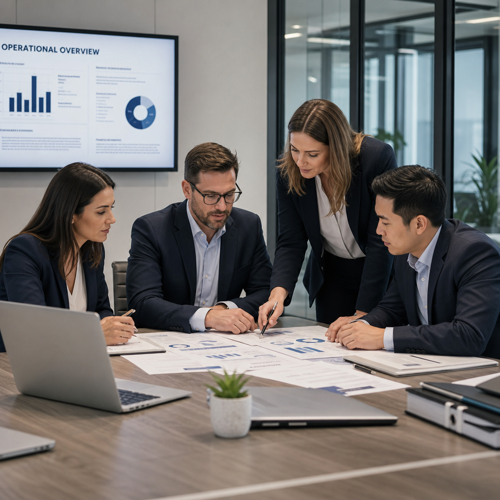 Professional business operations team collaborating in a modern office setting with laptops and documents, calm corporate atmosphere