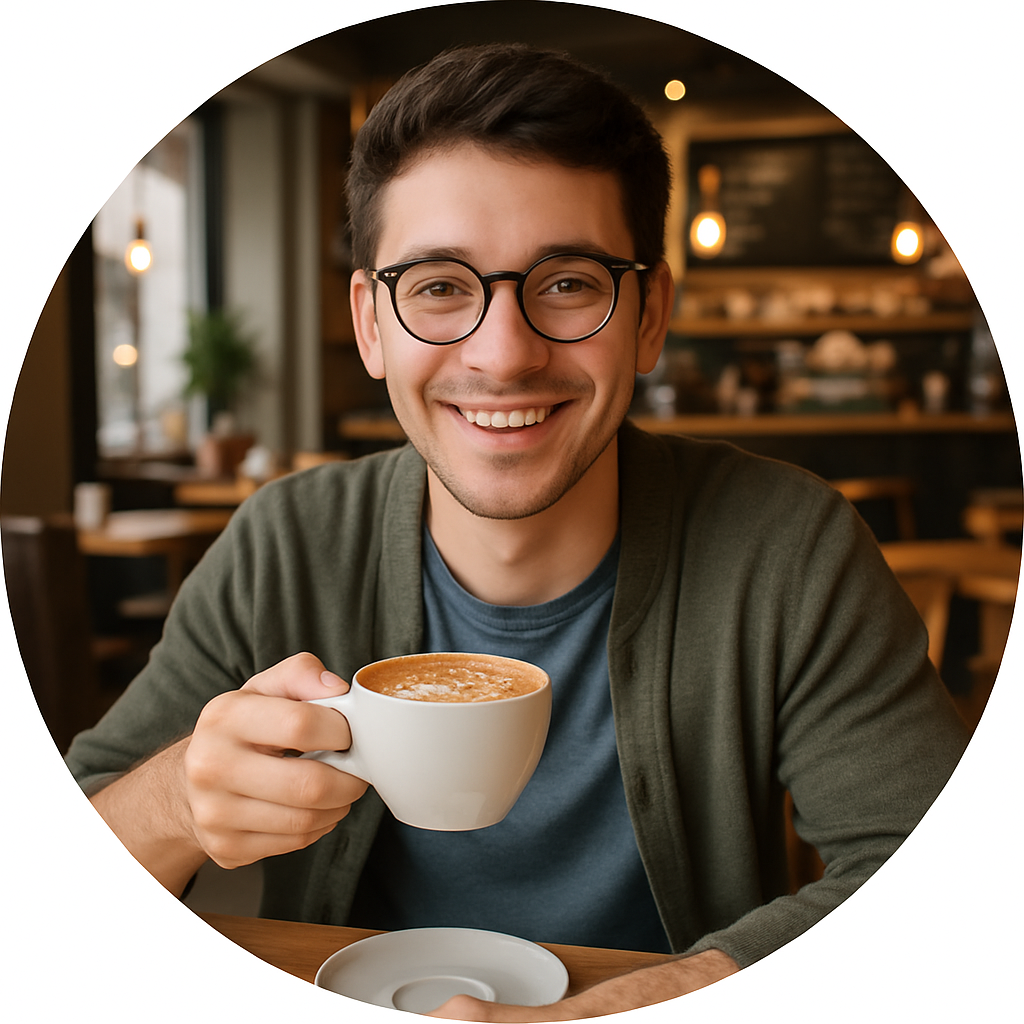 Young man with glasses enjoying a cappuccino in a cozy café