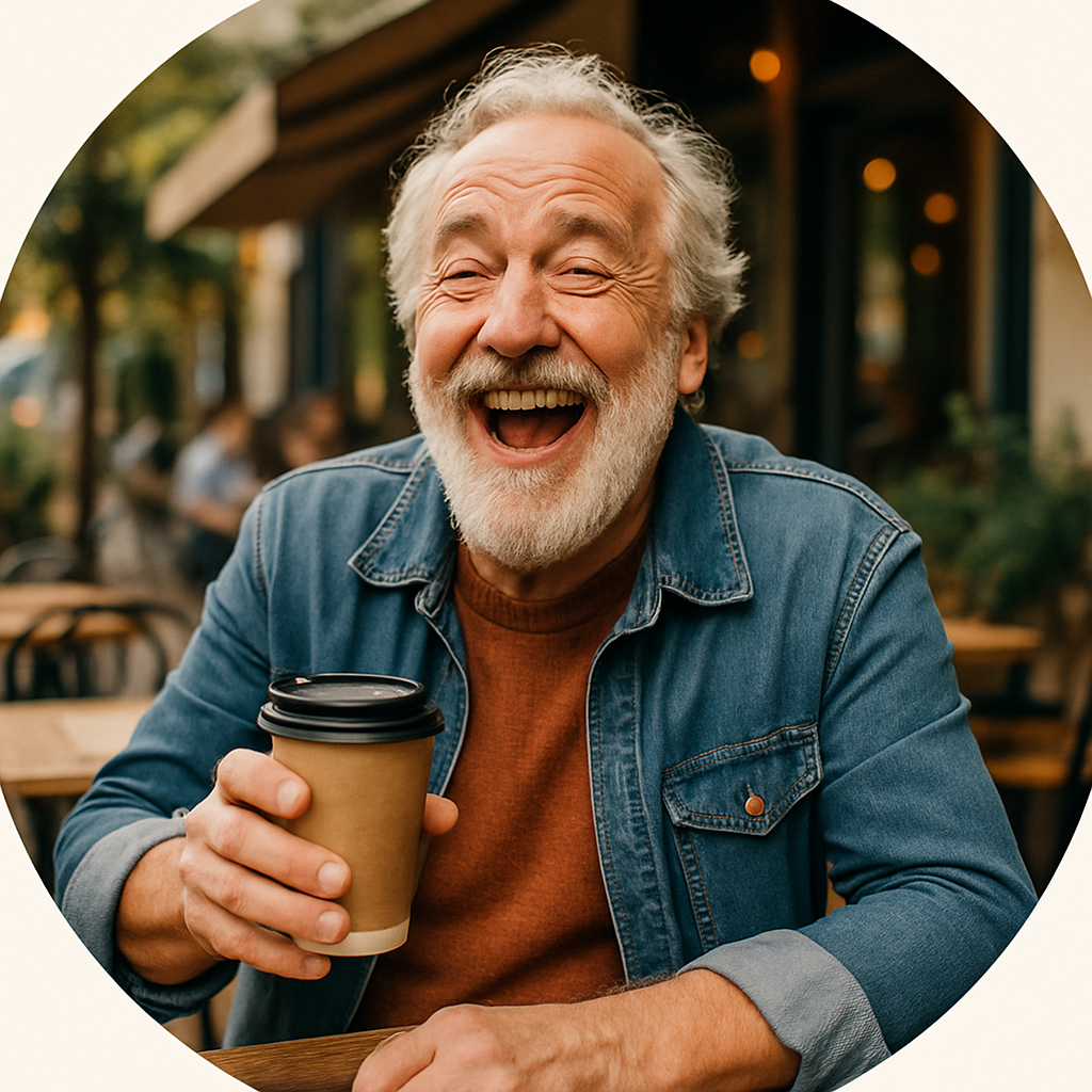 Older man with beard laughing and holding a coffee to-go cup