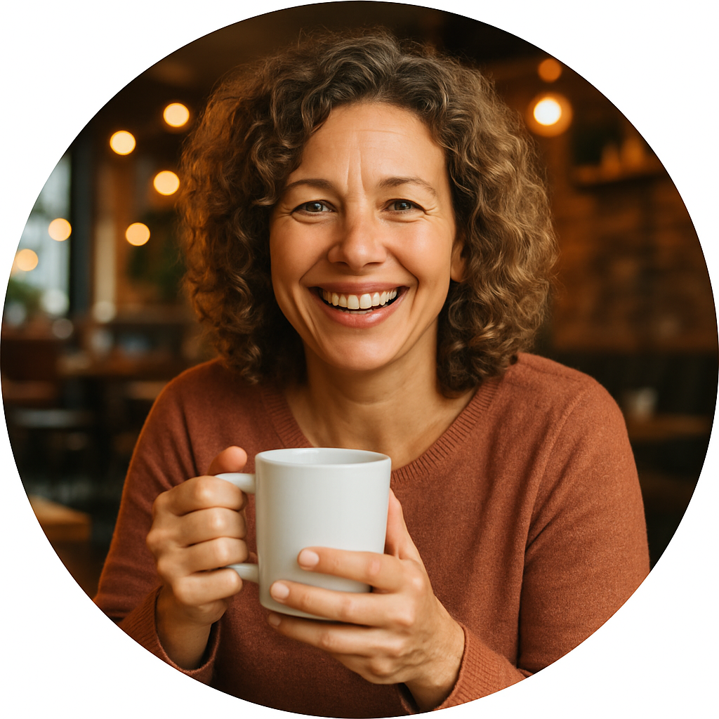 Middle-aged woman with curly hair smiling with a coffee mug