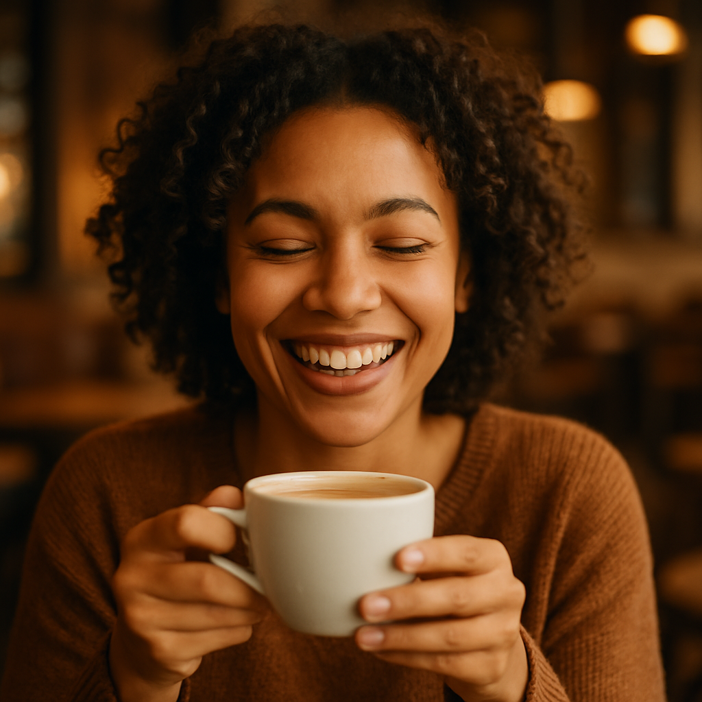 Smiling woman with curly hair enjoying a coffee