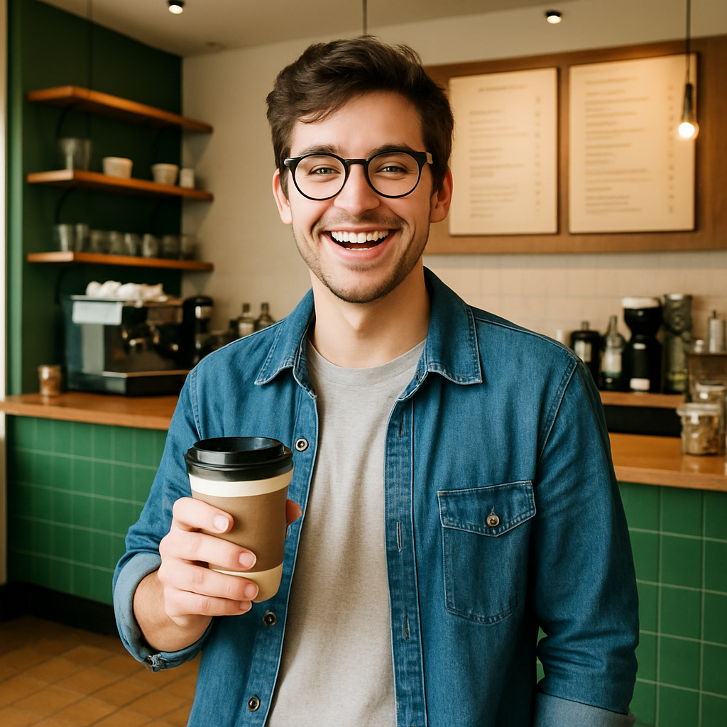 Young man with glasses holding a takeaway coffee cup, smiling