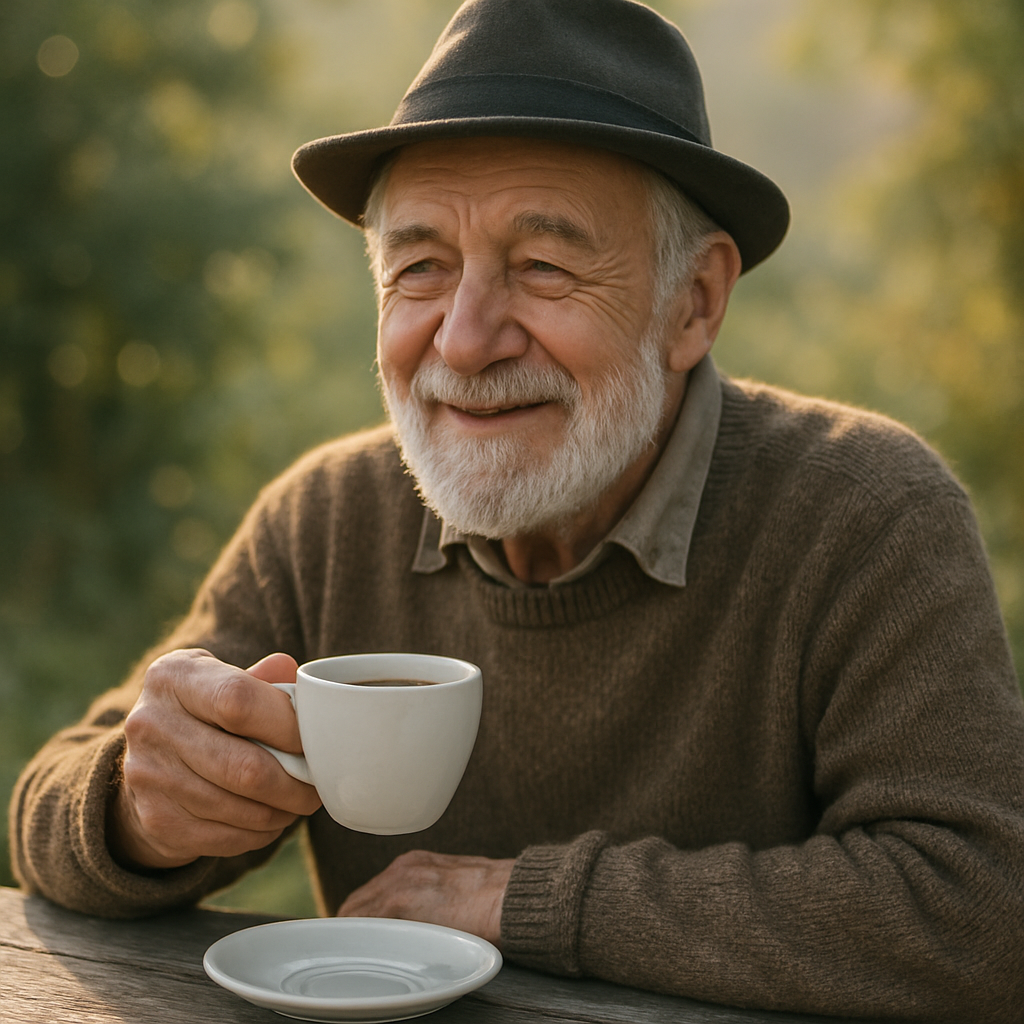 Elderly man with beard, wearing a hat, enjoying a cup of coffee outdoors