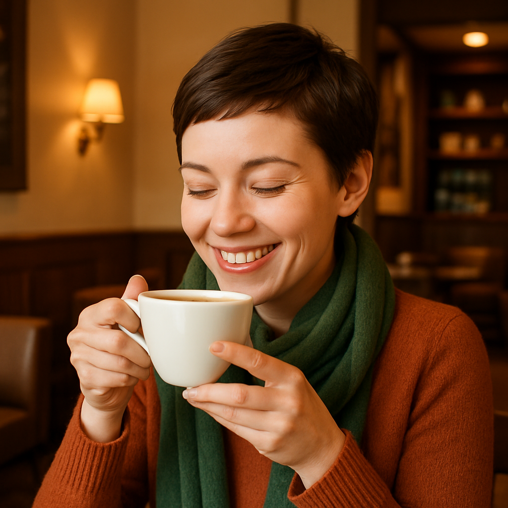 Smiling woman with short hair and green scarf sipping coffee in a cozy cafe