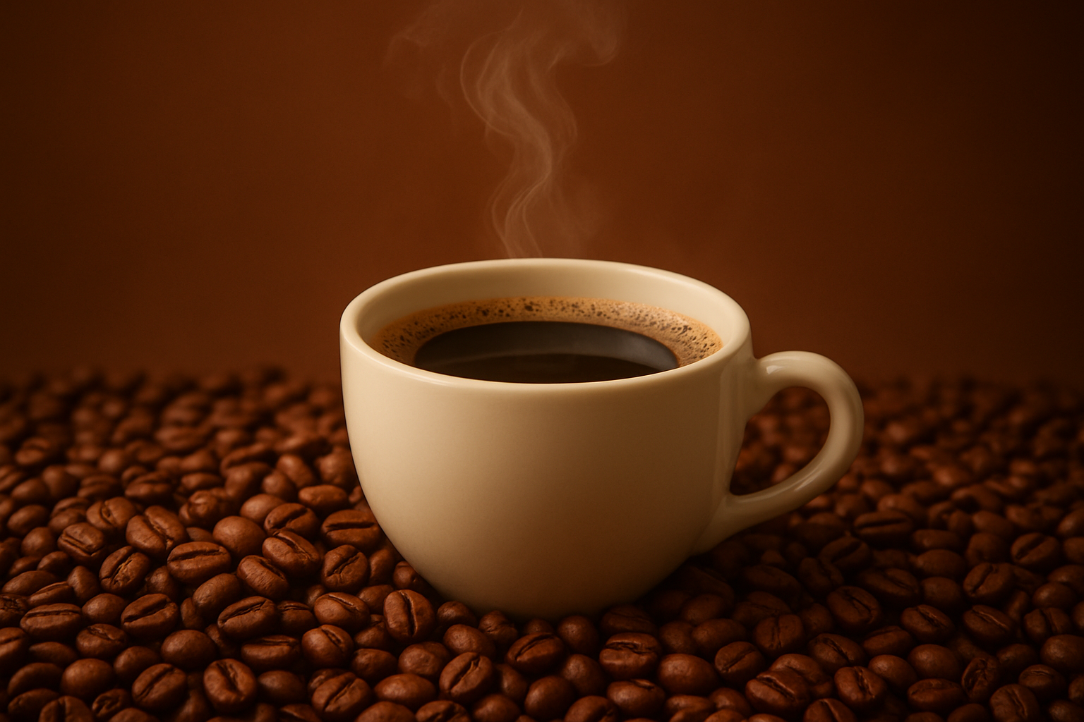 Inviting background of fresh coffee beans and a steaming cup, overlaid with a warm brown gradient
