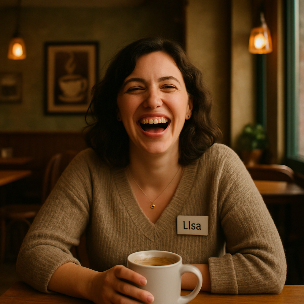 Photo of Lisa, laughing in a cozy coffee shop