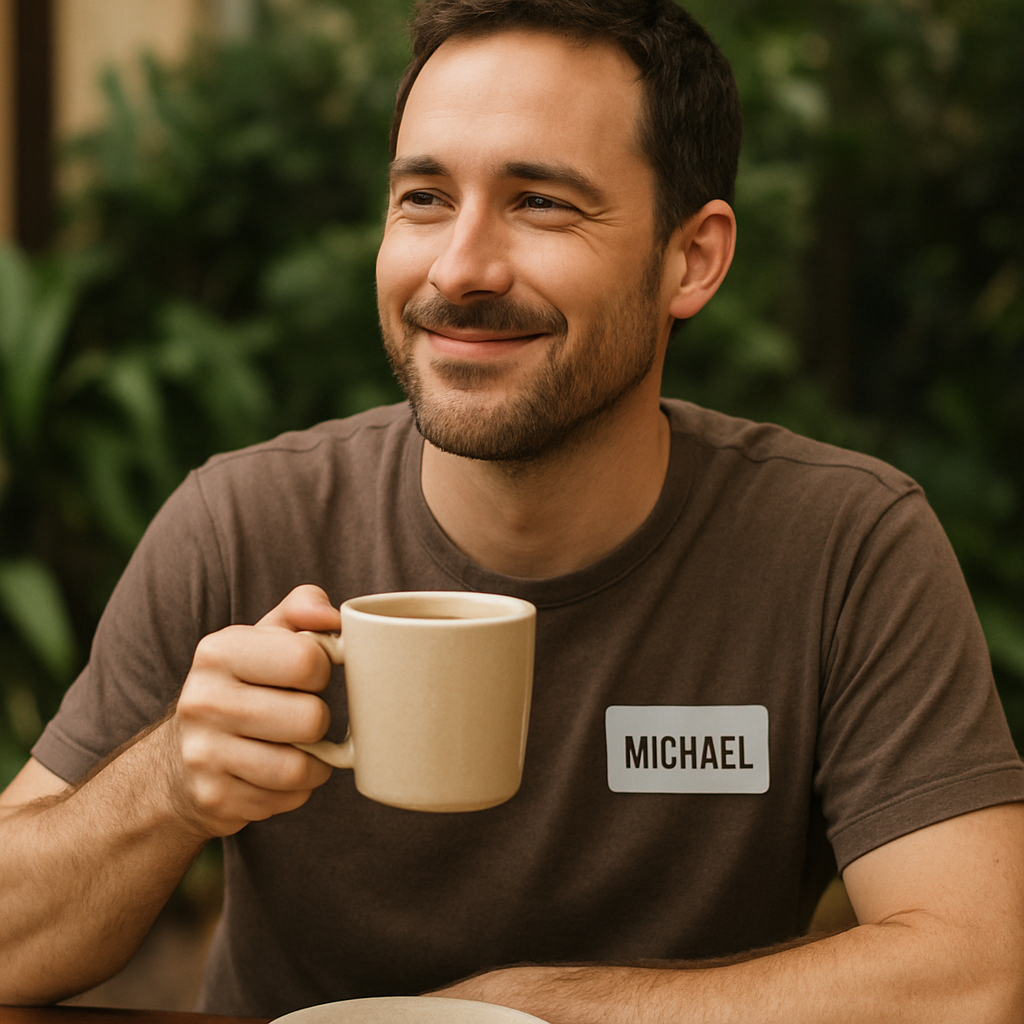 Photo of Michael, enjoying a cup of coffee outdoors