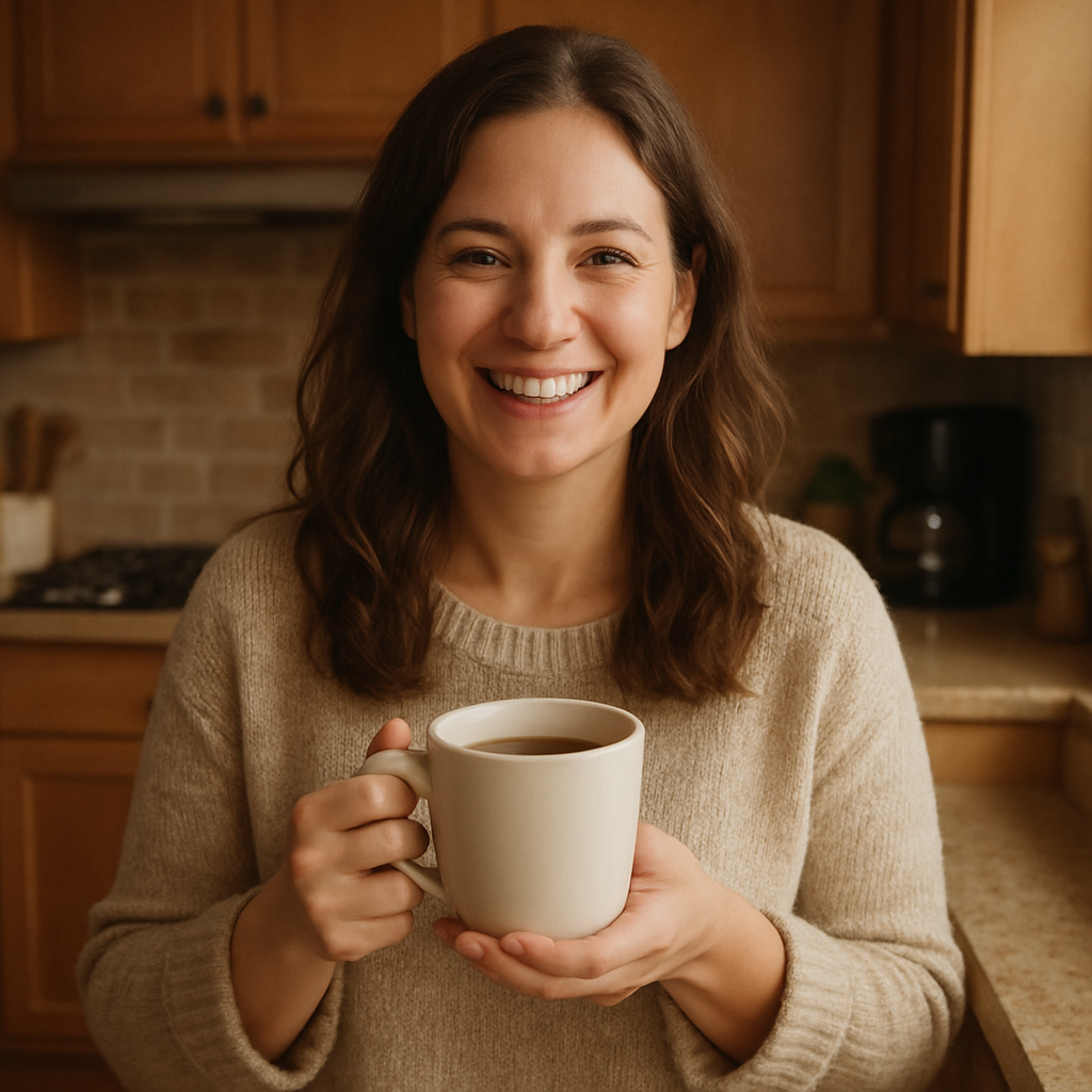 Photo of Sarah, smiling and holding a coffee mug