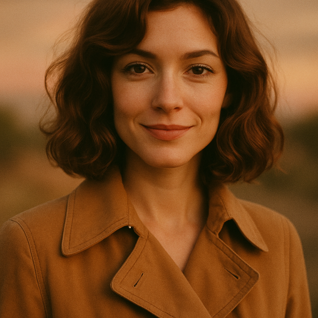 Smiling woman with wavy auburn hair in a caramel trench coat