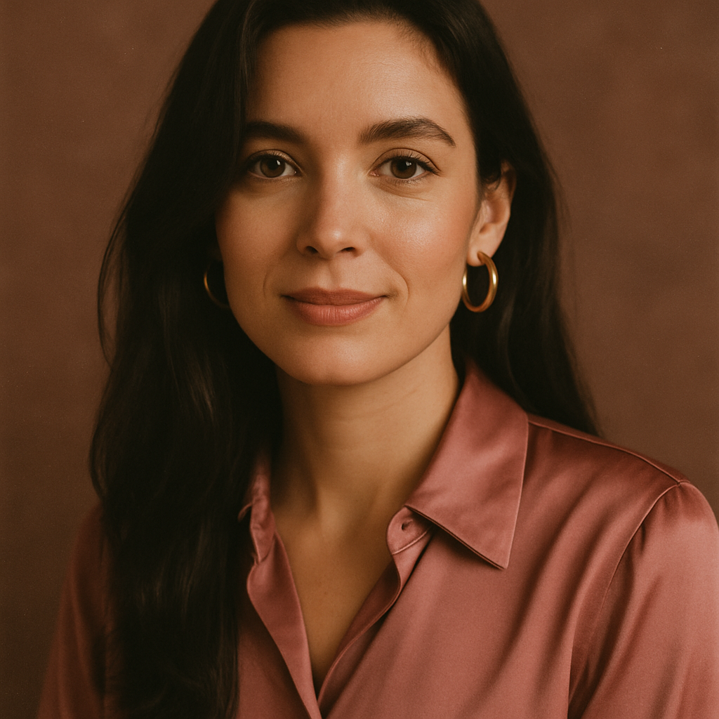 Woman with long dark hair in a rose silk blouse and gold hoops