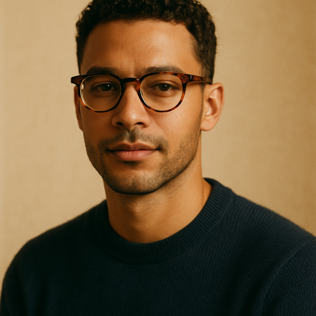 Man with short curls wearing a navy knit and tortoiseshell glasses