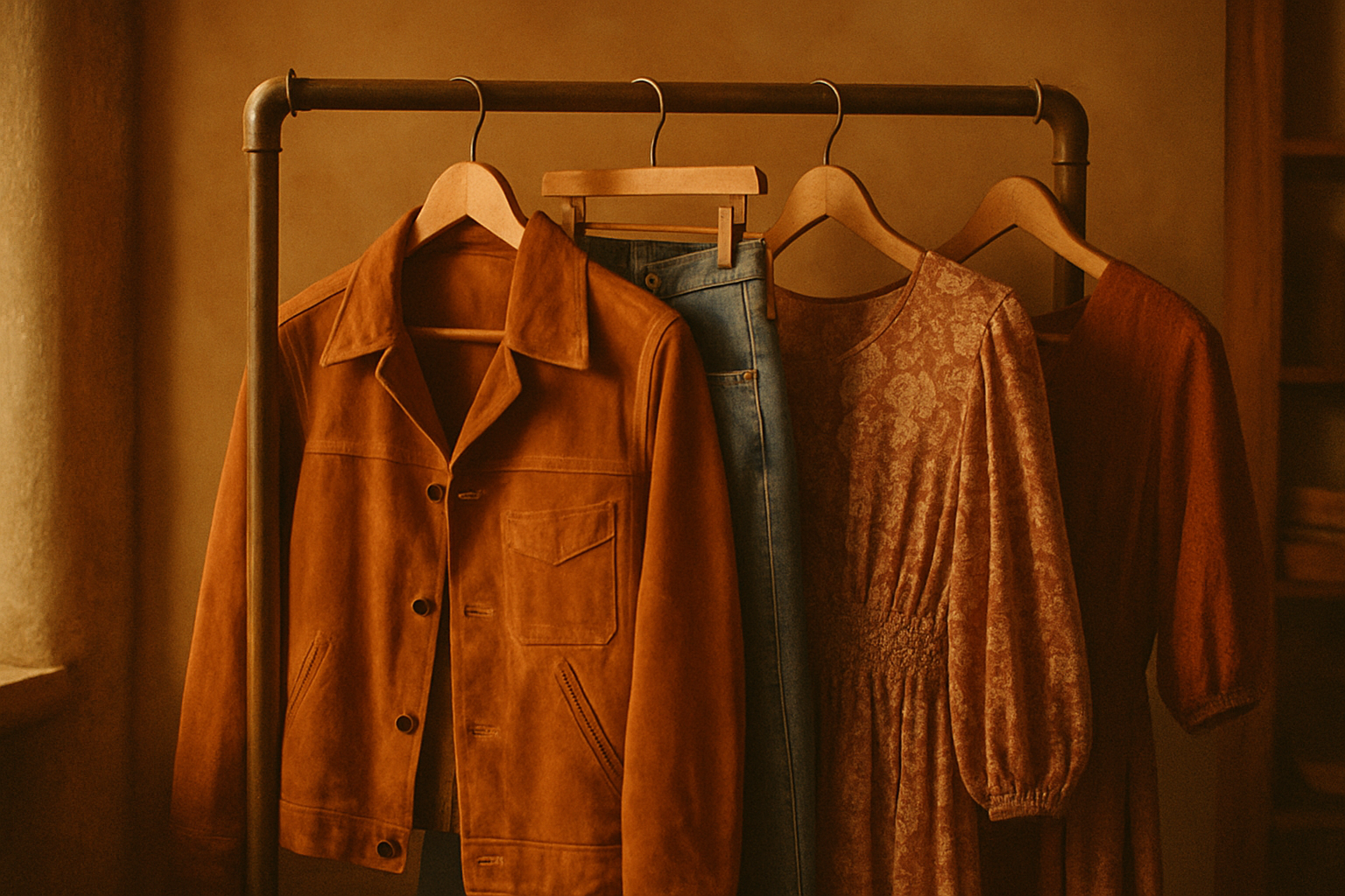 Warm film portrait of a curated rack of 70s and 80s clothing in a boutique