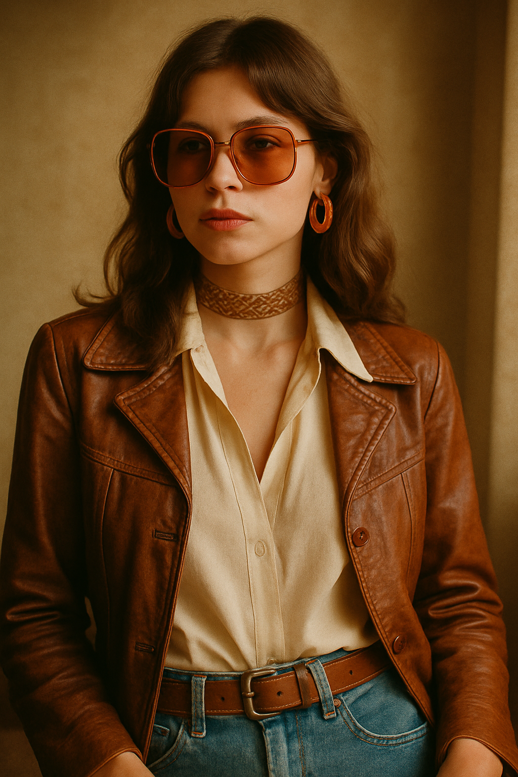 Model wearing a vintage leather jacket and high-waisted denim