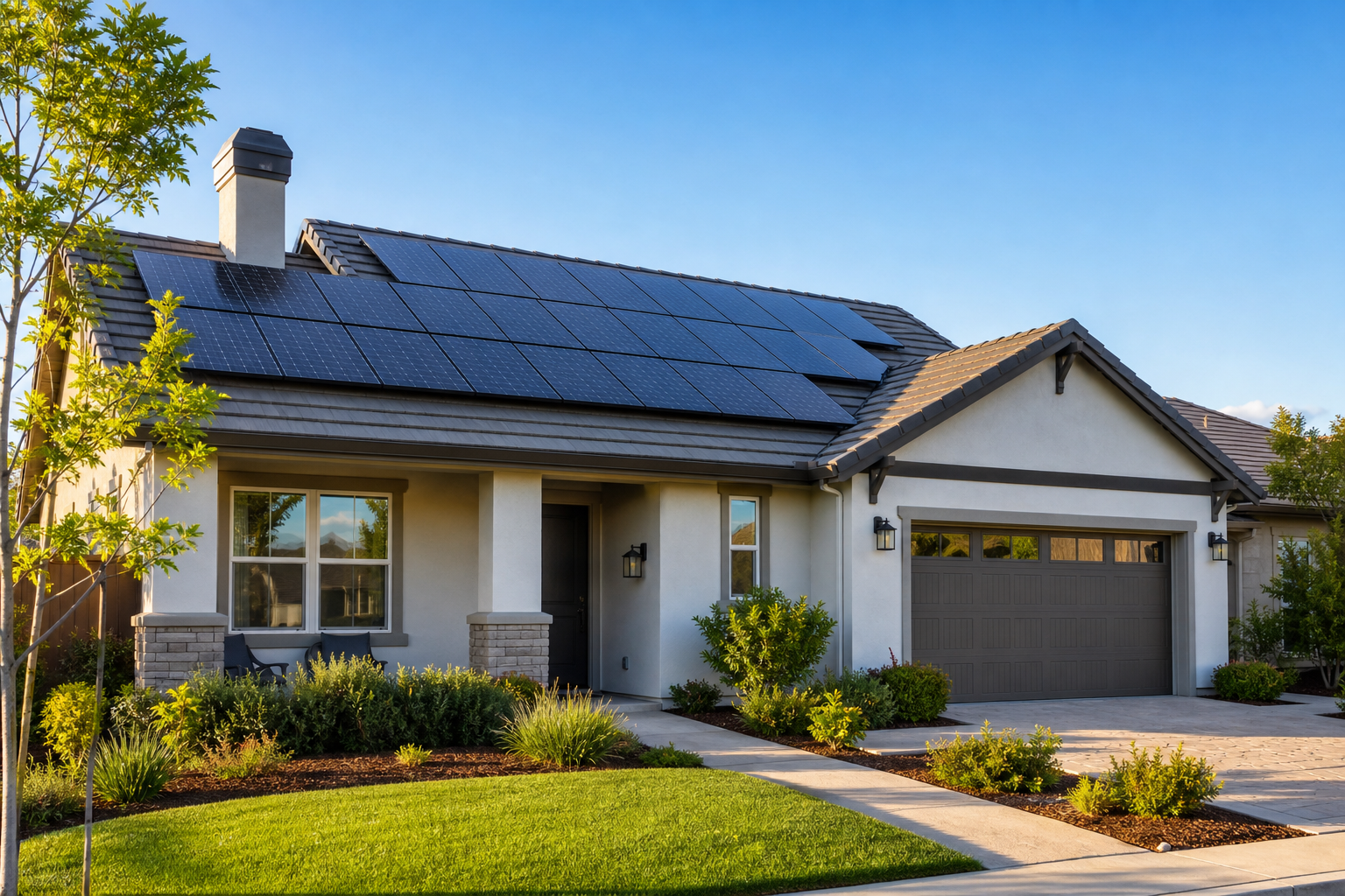 Sunlit San Jose home with dark solar panels on the roof, clean modern exterior, green landscaping, and a bright blue sky
