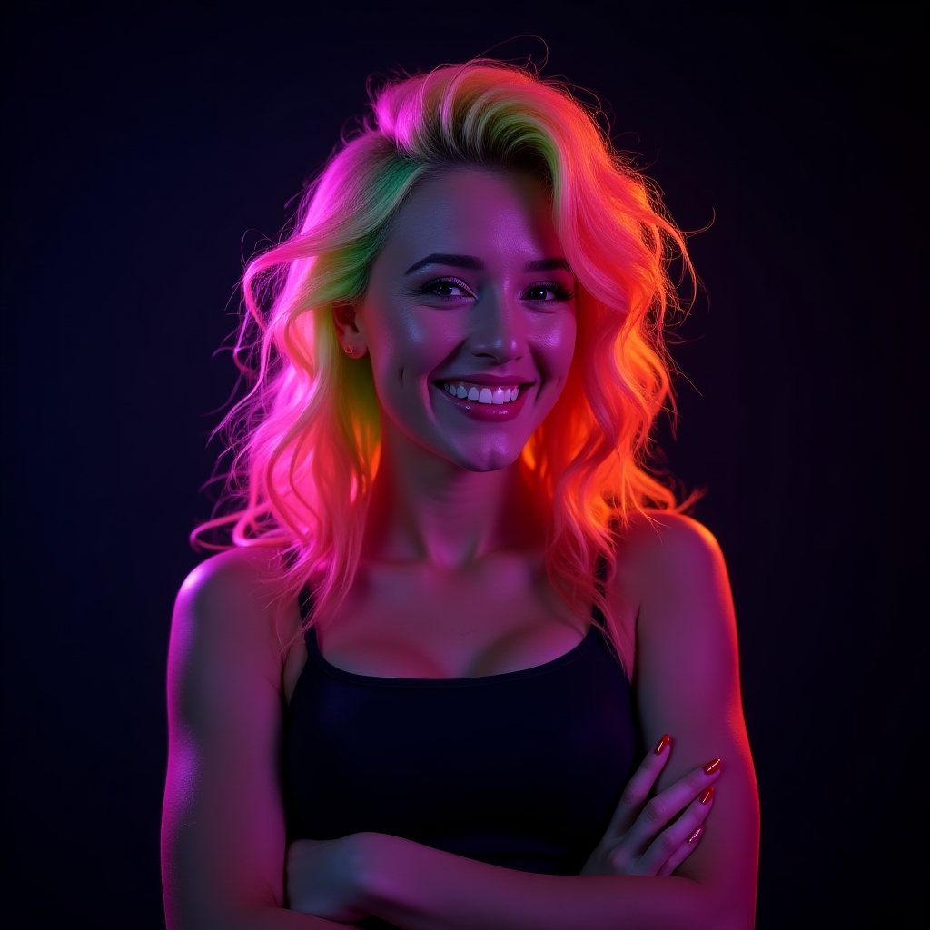 Photo of a smiling woman with neon hair