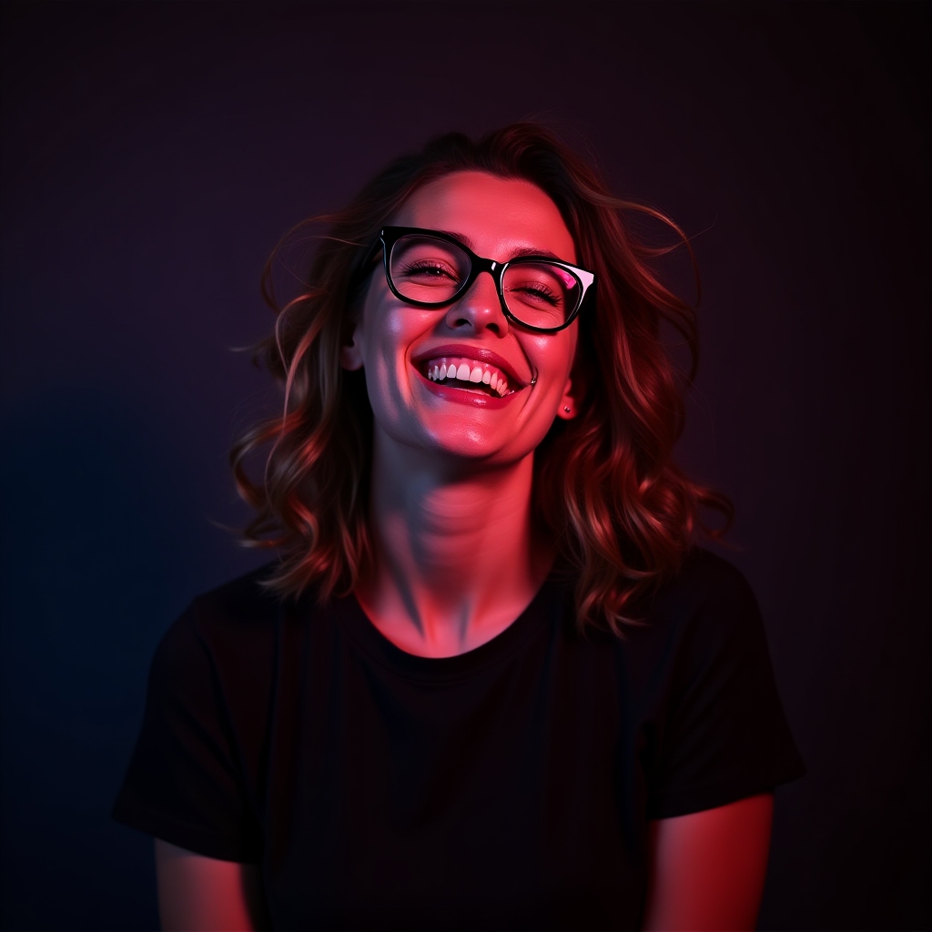 Photo of a laughing woman with glasses and nose ring