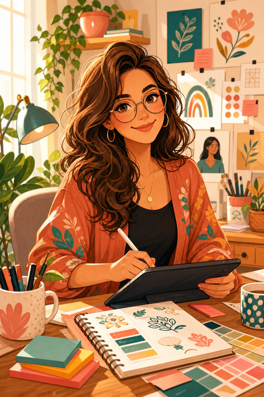 Illustrated portrait of Ashley in a cozy design studio with sketchbook, tablet, and colorful branding notes