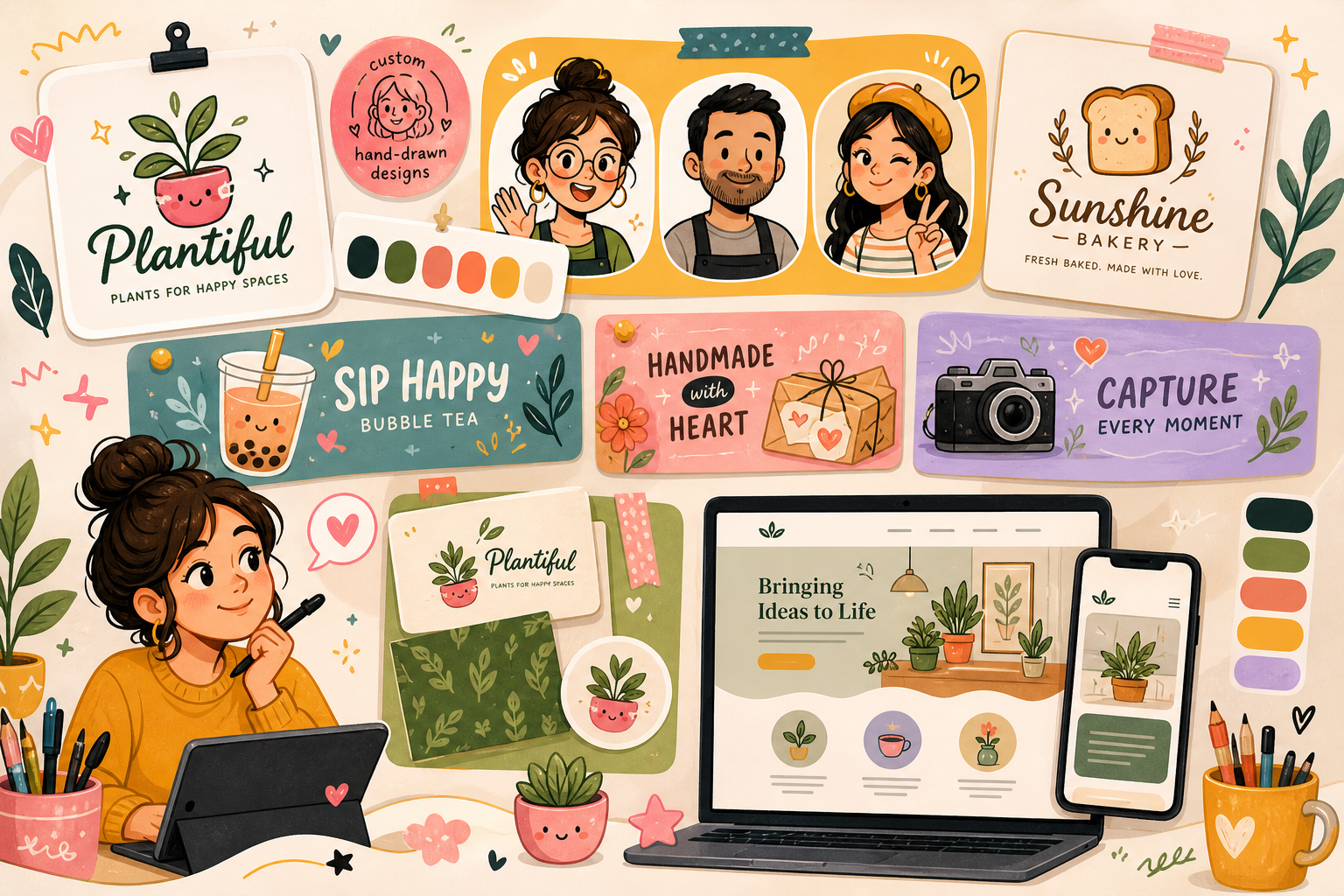 Colorful illustrated collage art board with custom brand elements, avatars, banners, and web mockups arranged in a lively hand-drawn showcase
