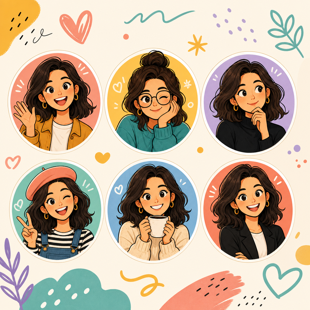 Custom illustrated avatar set in varied expressions for founder profile and social channels