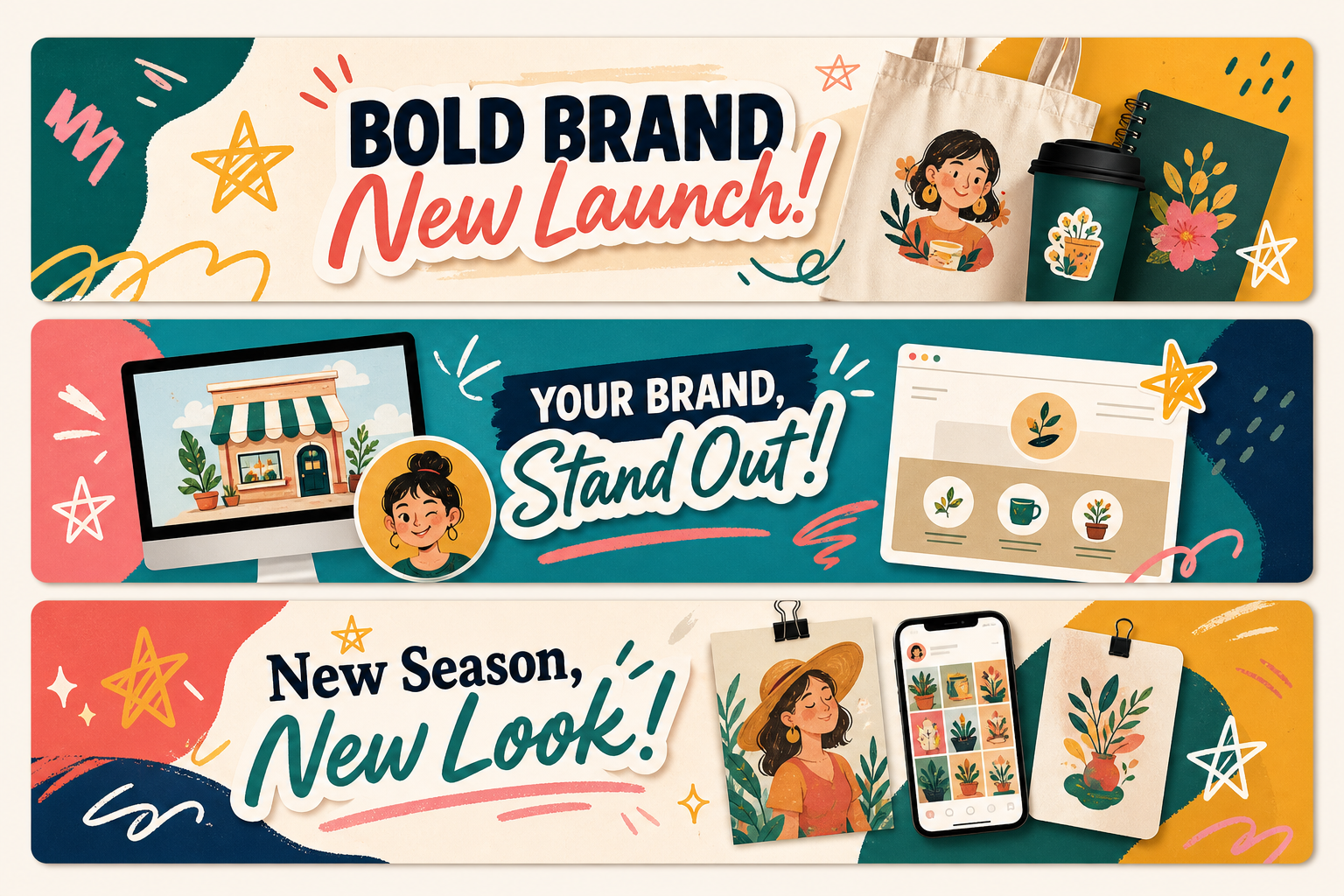 Social banner campaign with layered typography and playful illustrated accents
