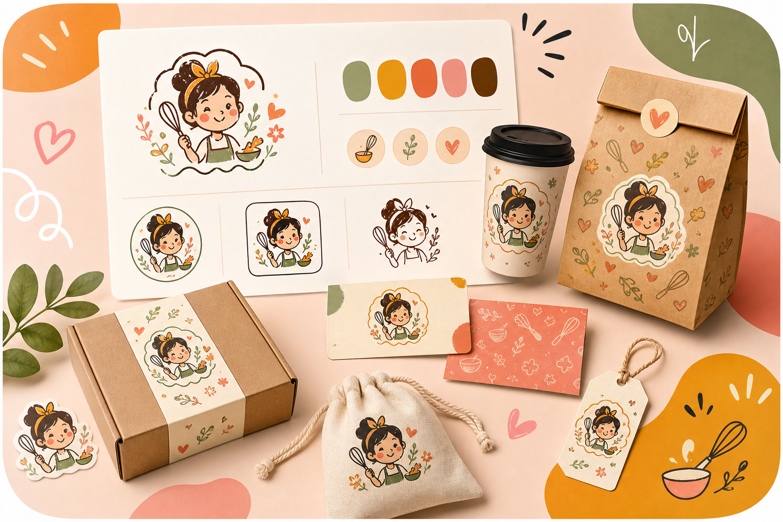 Bold hand-drawn branding launch kit with logo sheet, color swatches, and stationery mockups