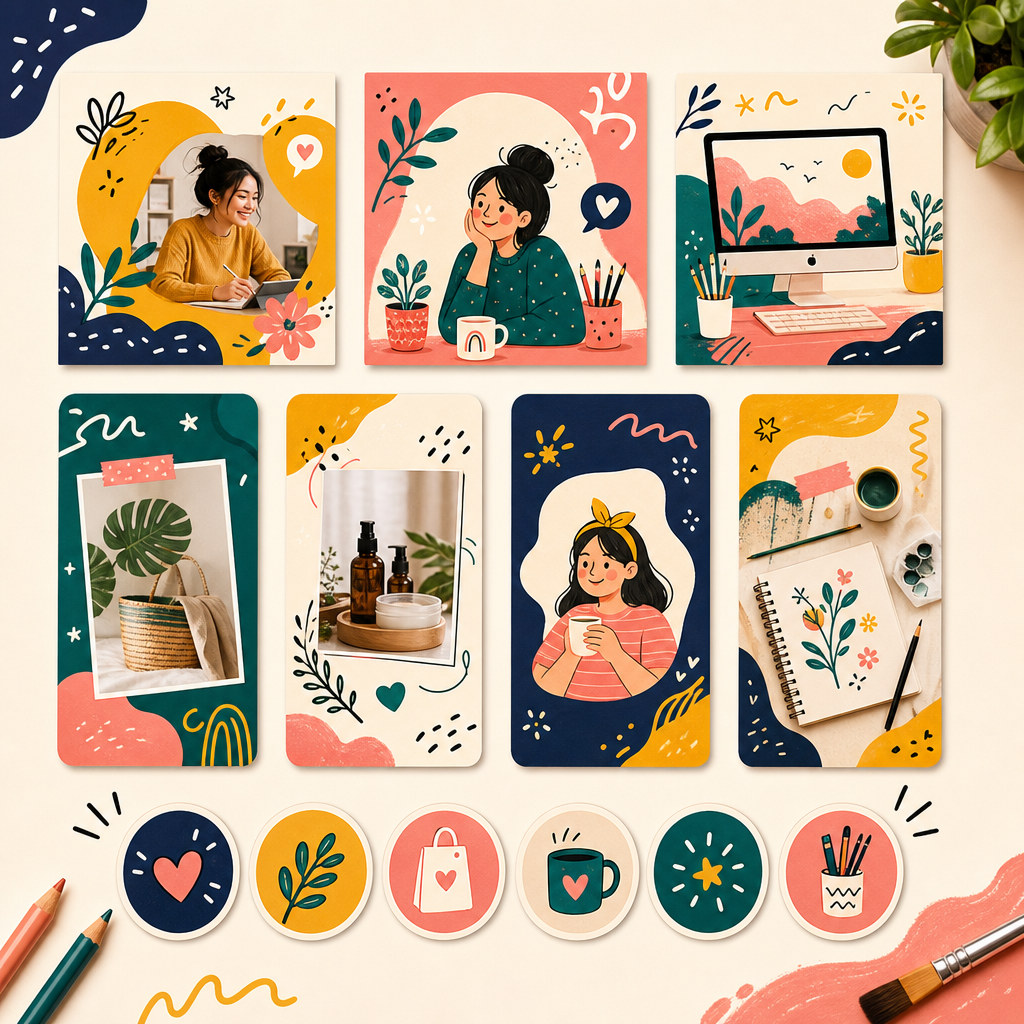 Social launch graphic set featuring post tiles, story frames, and promotional highlight covers