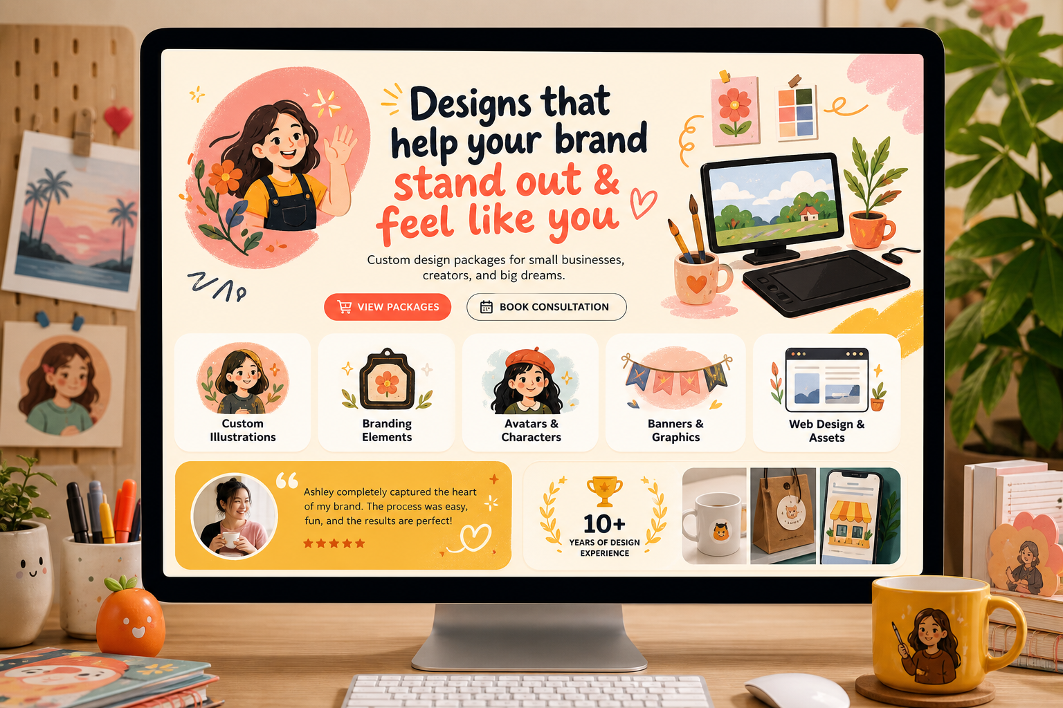 Friendly web homepage mockup with rounded cards, bold headline, and conversion-focused CTA blocks