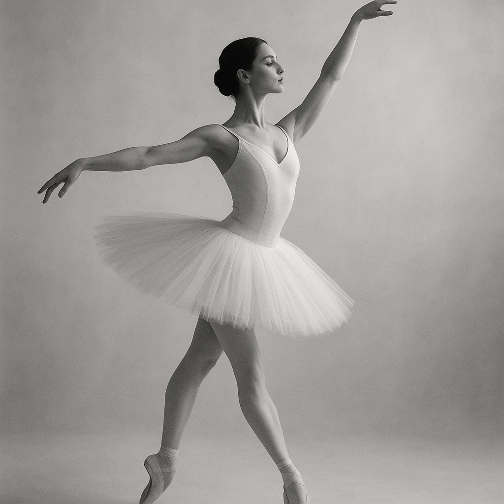 Ballerina in motion wearing a soft pastel tutu, captured mid-turn with flowing arms in a luminous studio