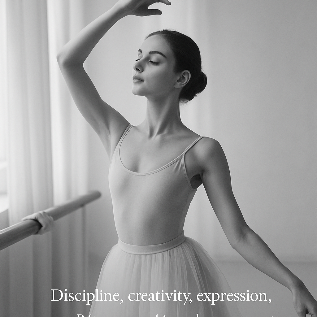 sunlit ballet studio with a dancer in a soft pink leotard practicing at the barre