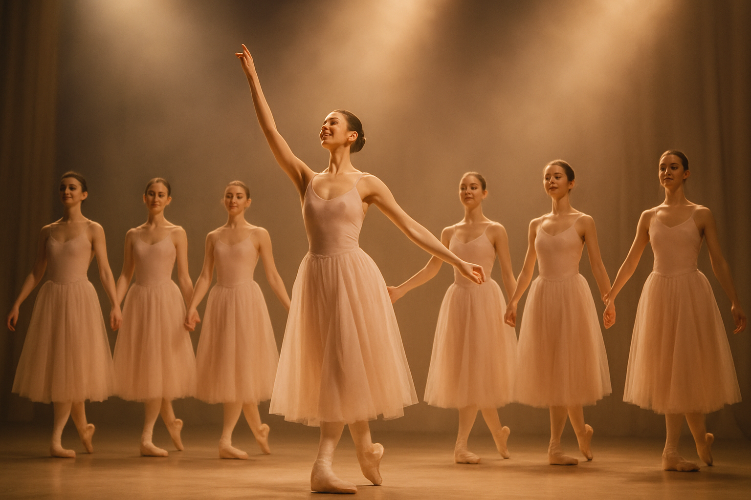 Dancers in soft blush costumes taking a curtain call on stage with gentle spotlights
