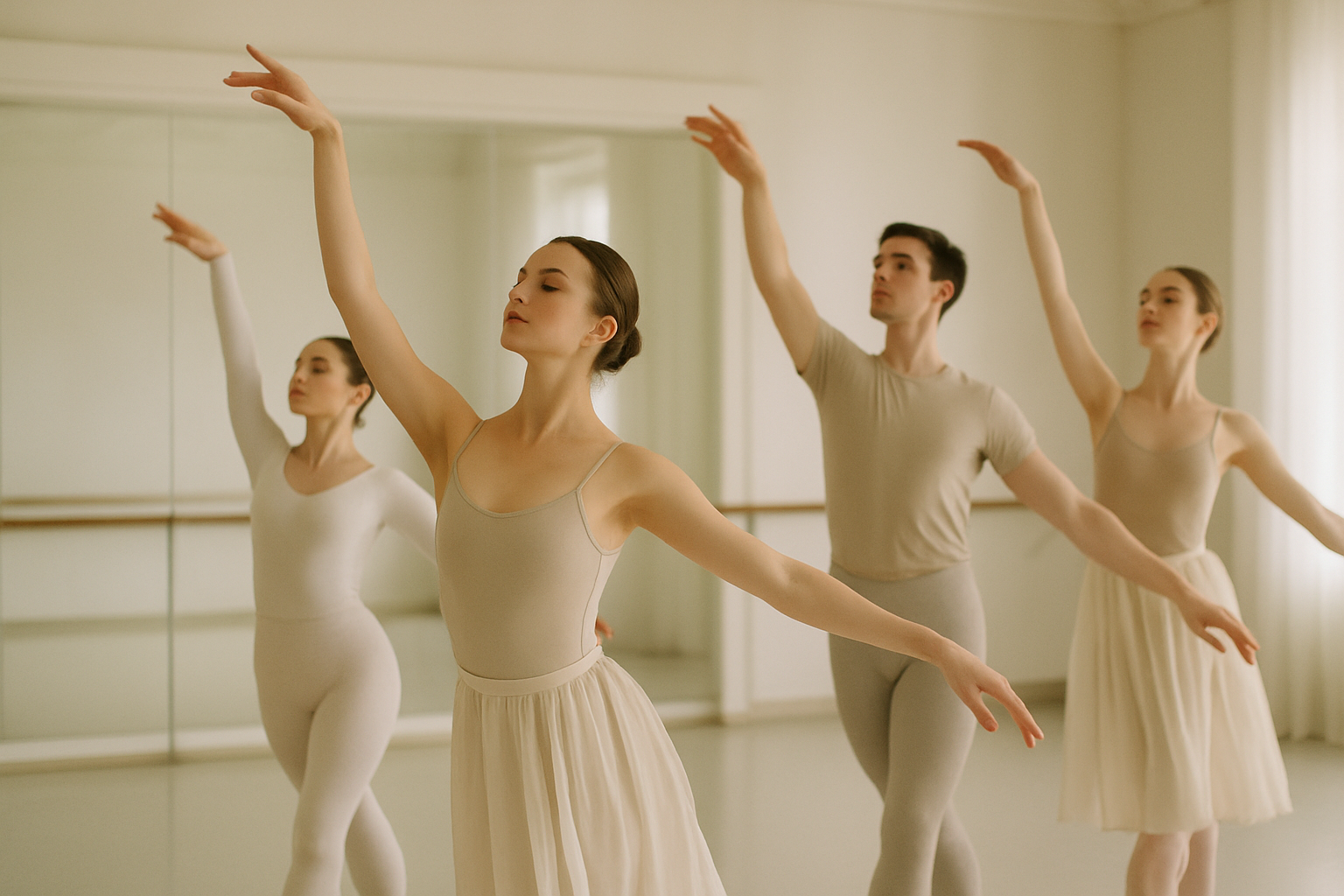 A small ensemble of dancers in neutral-toned practice attire moving together in a mirrored rehearsal room