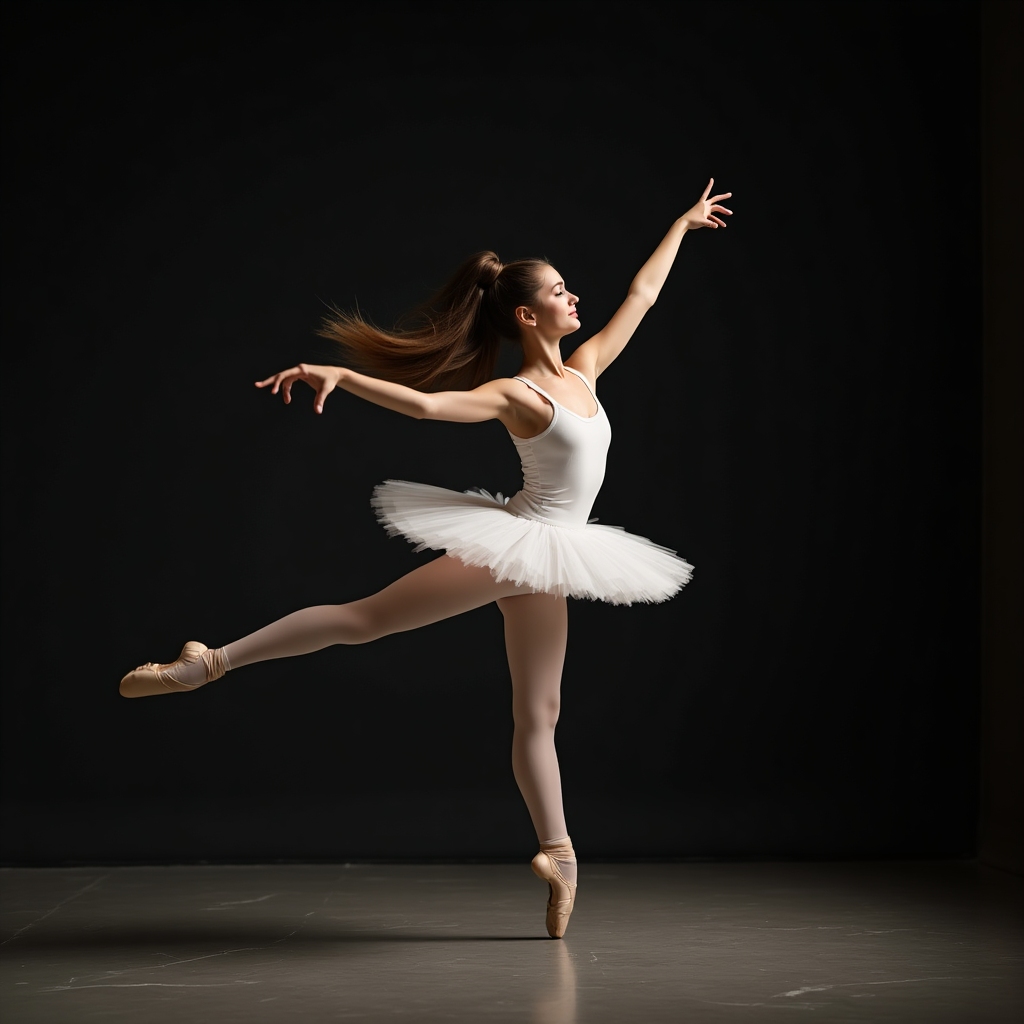 A young ballerina in a light pastel leotard practicing a high leap in a sunlit studio