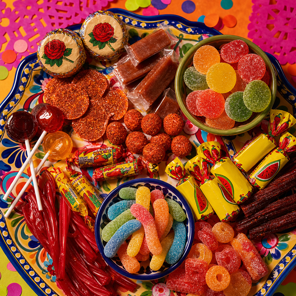 Colorful assortment of Mexican candy pieces arranged on a festive tray
