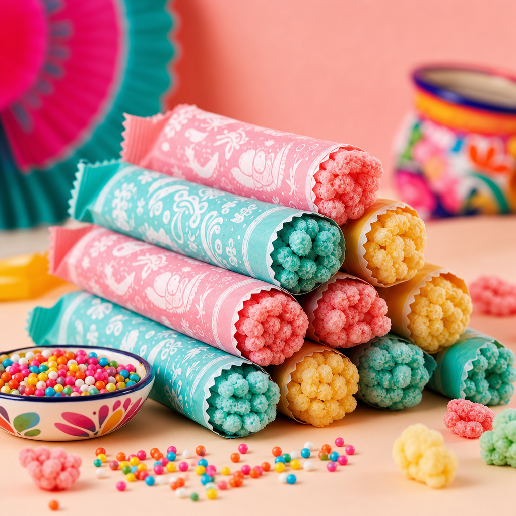 Crunchy puffed candy sticks in pastel wrappers with sprinkles