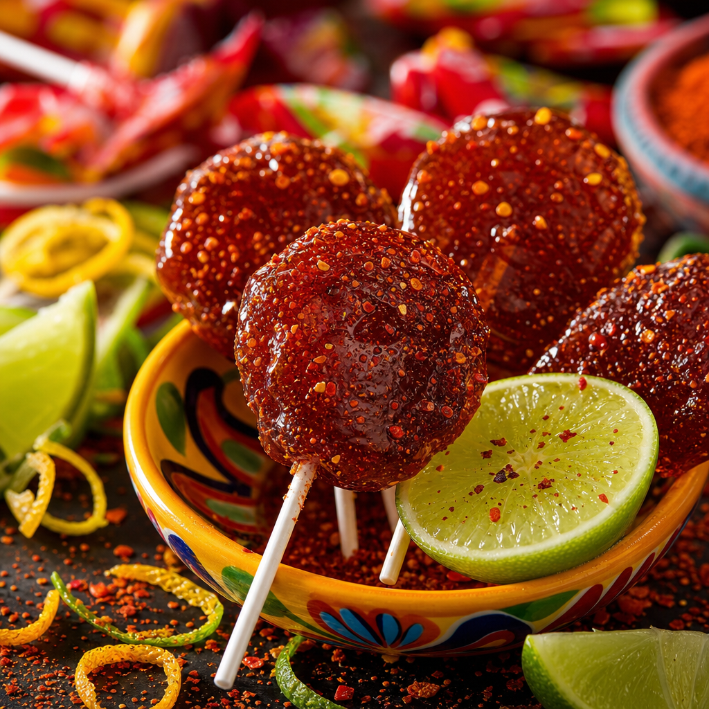 Tamarind lollipops with chili dust and citrus accents