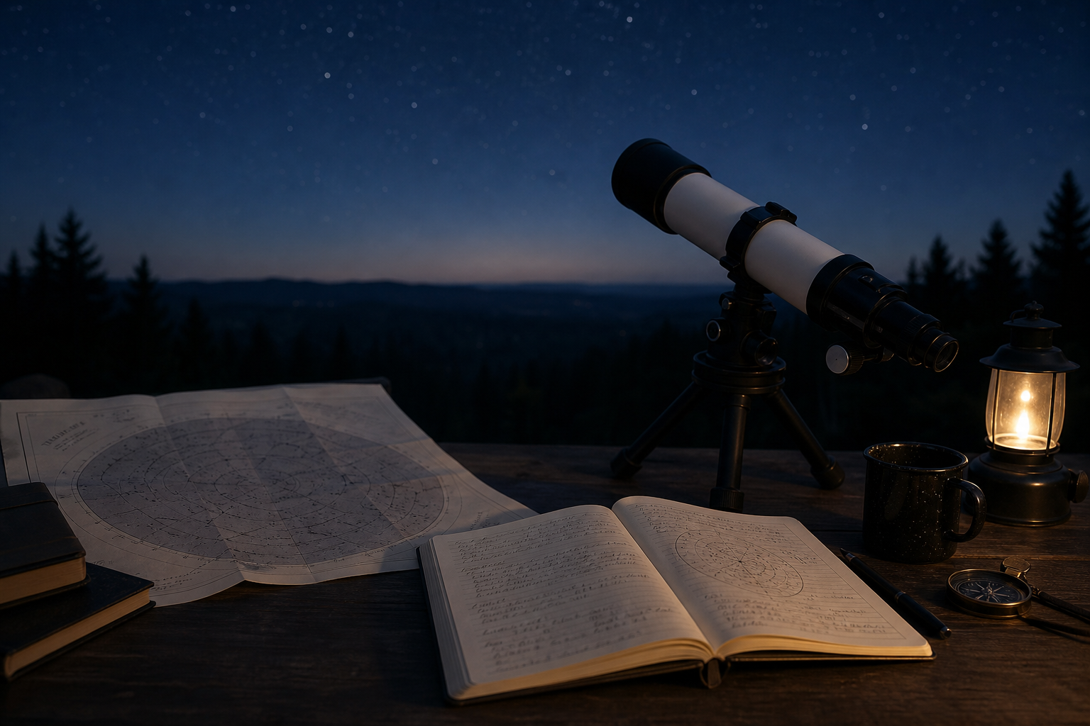 A paper star chart and observation notebook beside a compact telescope on a wooden table under a calm twilight sky